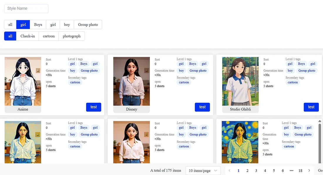 Browse 175+ AI styles, filter by category, and choose exactly which ones go live on each machine.