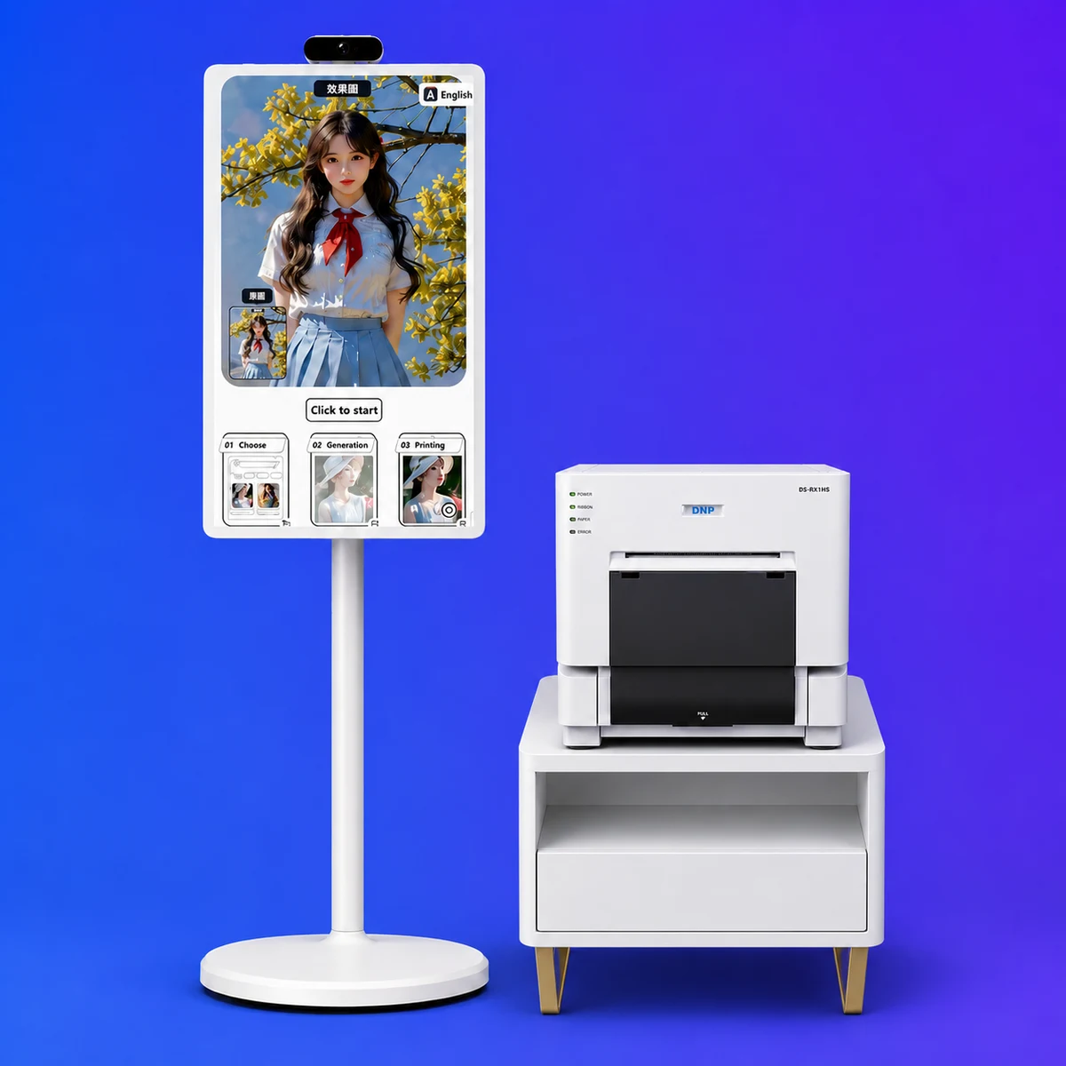 Artify hardware set: 32-inch touchscreen kiosk on a stand and DNP photo printer on a cabinet